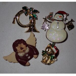 Lot‎ Christmas Holiday Brooch Pins Snowman, Cat, French Horn, Ragged Ann